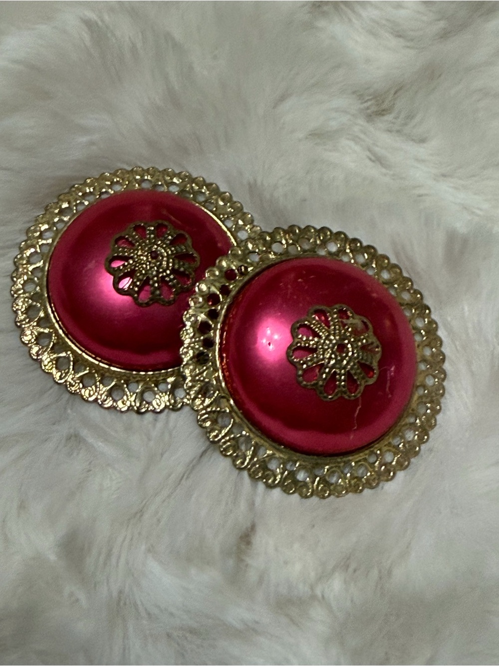Bold Gold Filigree Pink Dome Clip-On Earrings